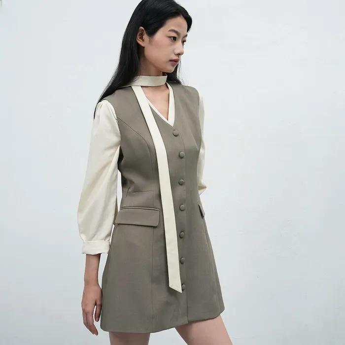 WOMAN 버튼 레이어드 미니 원피스 [BEIGE] / WBE4L15509