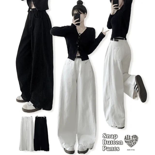 [숏,기본,롱/~2XL] 인생 화이트진! 피치면 밑단 스냅비조 사이드 핀턱 와이드 롱팬츠 화이트 블랙 키작녀 키큰녀