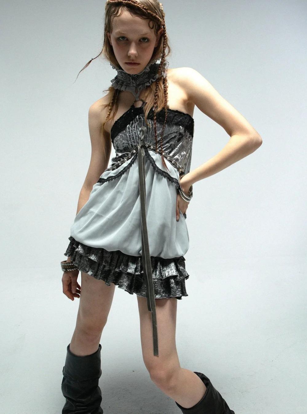 Vintage Velvet Chiffon Tube Top Dress (2color)