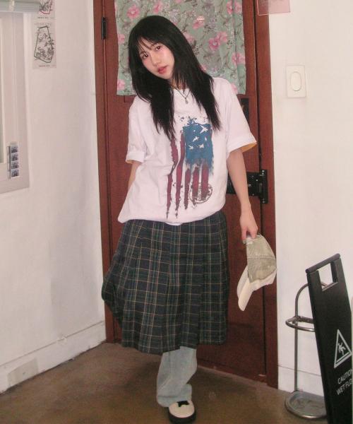 체크 플리츠 미디 스커트 그린