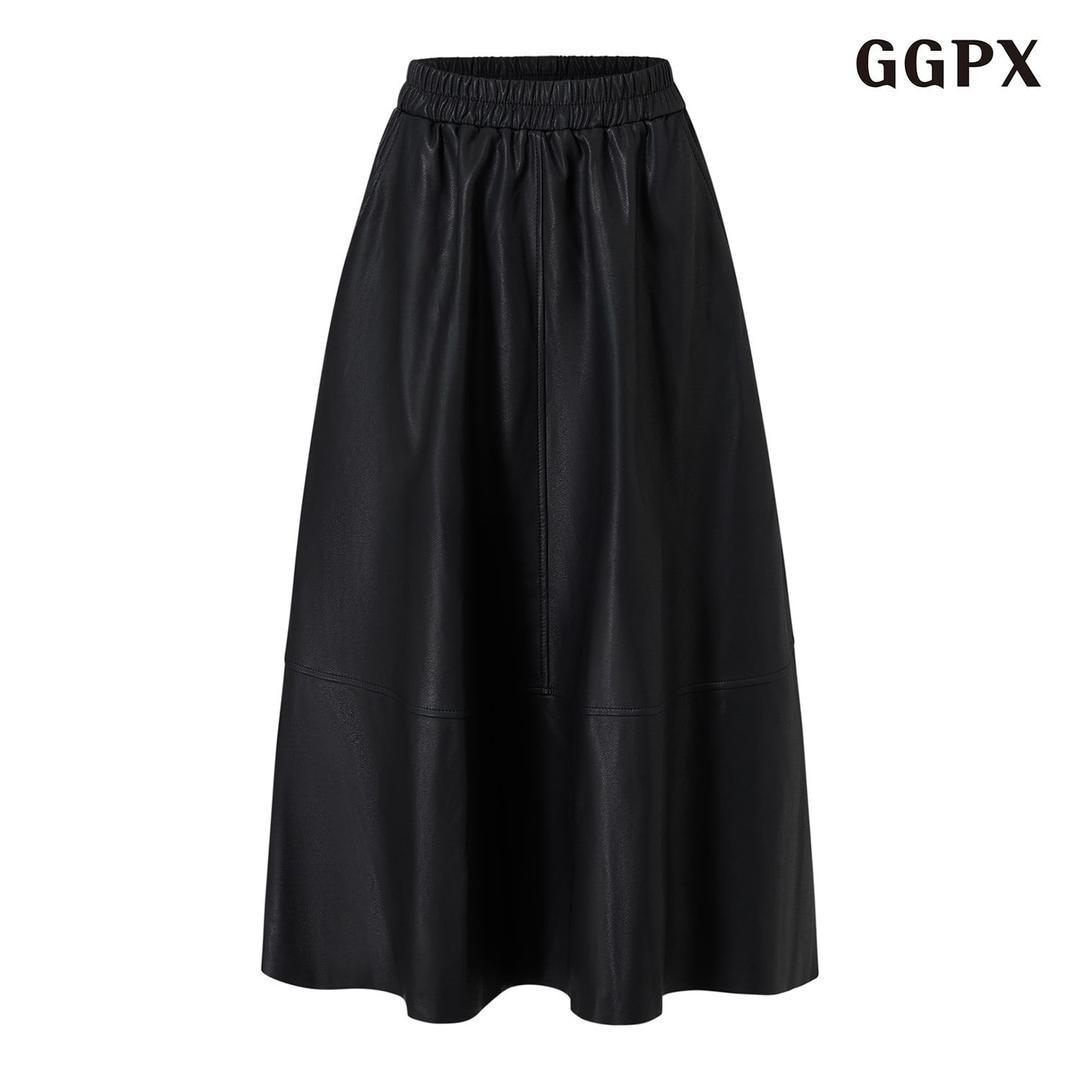 레더 플레어 허리 밴딩 롱 스커트 (GPDWH007D)