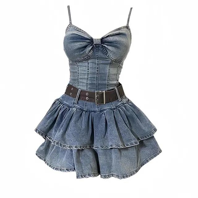 [당일출고/벨트세트/S-L] 빈티지 데님 뷔스티에 플리츠 나시 미니 원피스