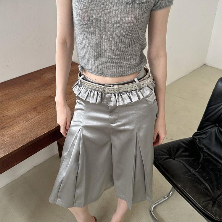 Les Fortes 실버 버뮤다팬츠 하이엔드 플리츠 루즈 하프 팬츠