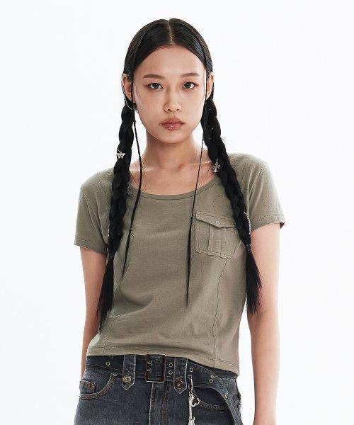 딥 유넥 포켓 티셔츠 [카키]