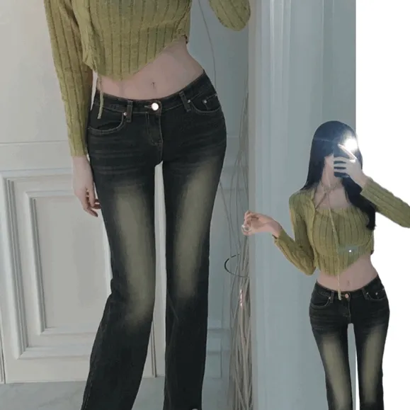 (y2k/워싱미침) 로우라이즈 시와워싱 롱팬츠 부츠컷팬츠 빈티지