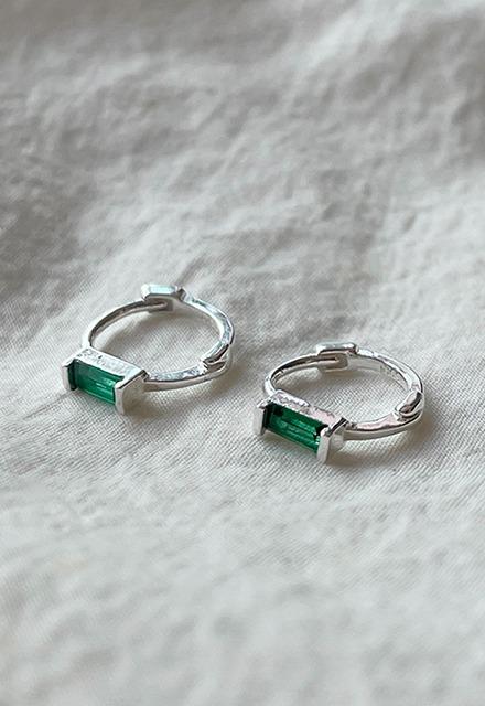 그린 에메랄드 바게트 원터치 실버925 은 링귀걸이