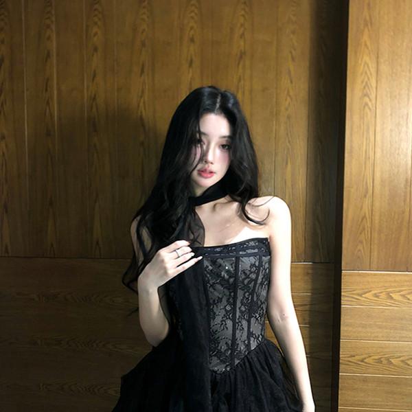 시스루 탑 플리츠 미니 드레스