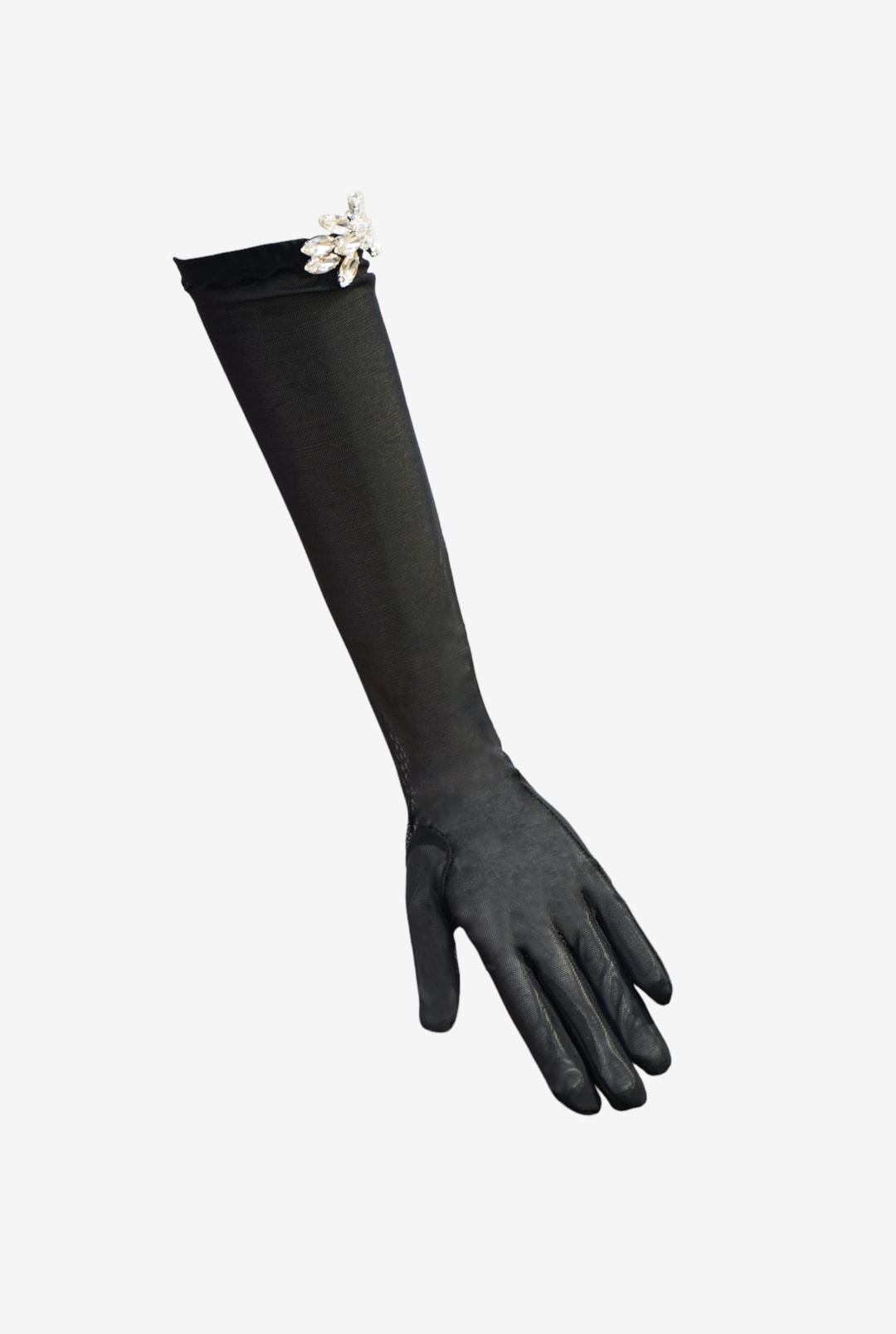 EMBROIDERED CRYSTAL TULLE GLOVES - ONE SIZE