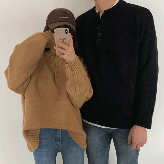 오렌지 핑크 베이지 단추 오버핏 라운드 두꺼운 니트