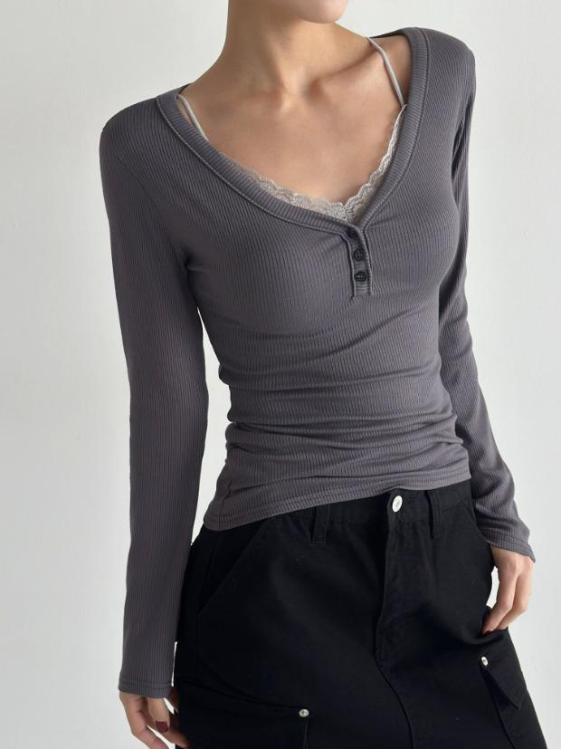레나헨리넥브이슬림긴팔티 시크릿오즈 헨리넥긴팔티 브이넥긴팔 단추 슬림핏 레이어드긴팔티 ozbridge