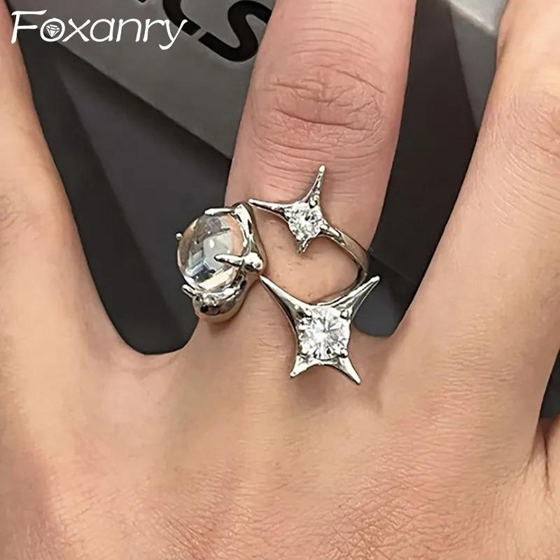 FOXANRY-스파클링 지르콘 스타 약혼 반지, 신부 주얼리 여성 커플 새로운 유행 우아한 웨딩 파티 액세서리