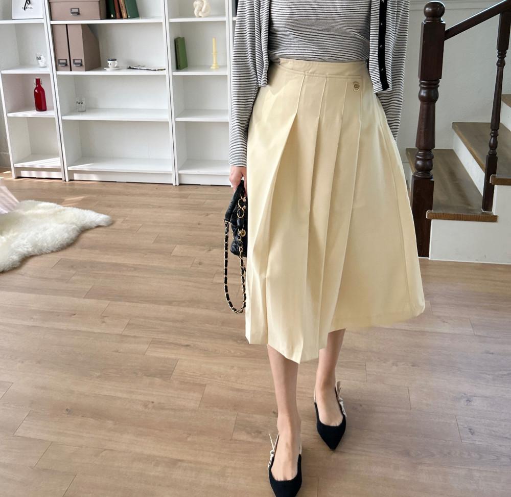 [리코리타﻿]﻿﻿﻿﻿﻿시네 원버튼 플리츠 스커트 라이트옐로우/그레이