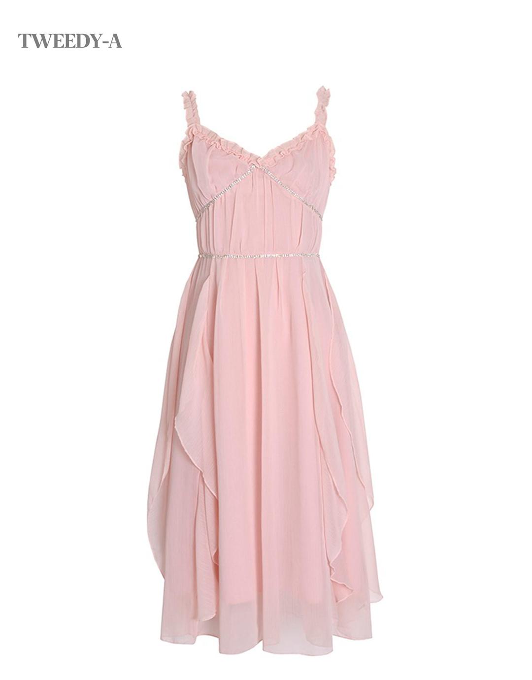 루이스 트윙클 체인 뷔스티에 쉬폰 롱 드레스 로즈 핑크