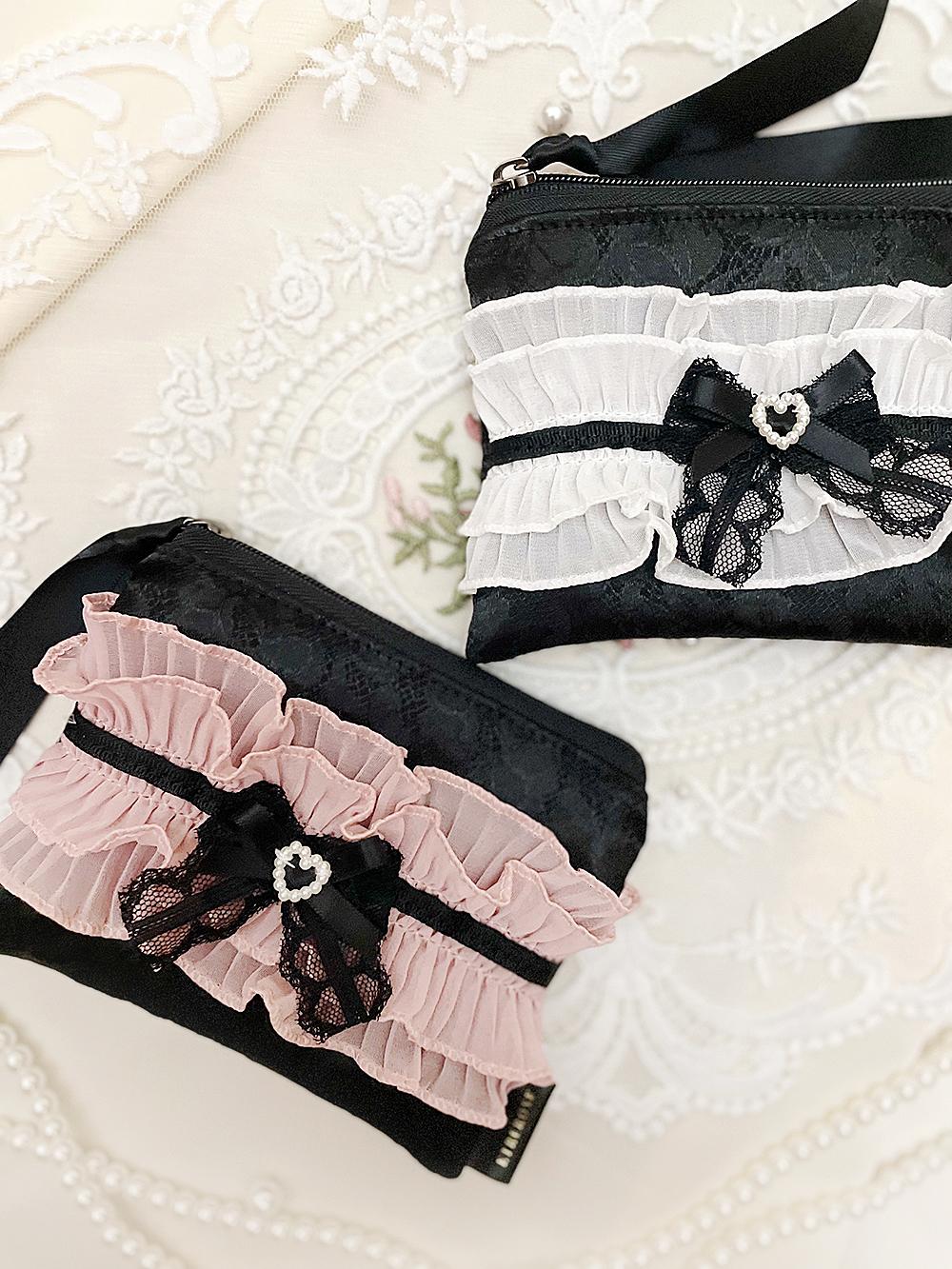 Rize Frill Ribbon Lace Satin Zip-pouch (S/2color)