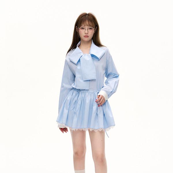RN Loose Slim Striped Shirt Lace Trim Bowknot Dress