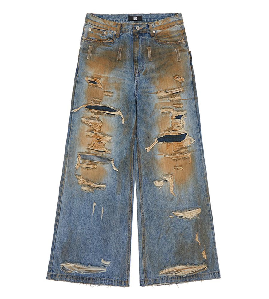 Double Waist Distressed Jeans - Dirty Washed