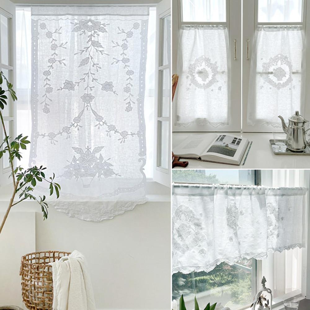 홈티에라 플로라 바스켓 자수 린넨 커튼 3종 숏커튼 주방발란스 가리개커튼 미니커튼