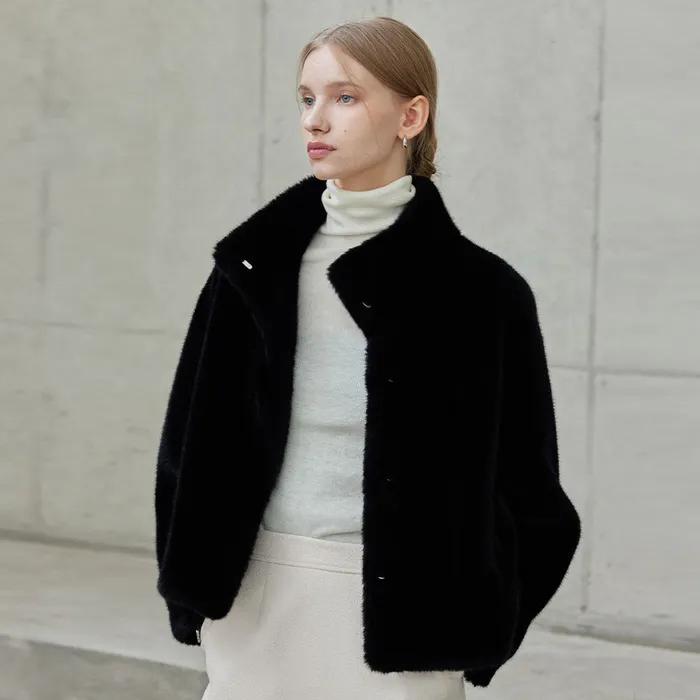 High Neck Faux Fur Jacket_Black