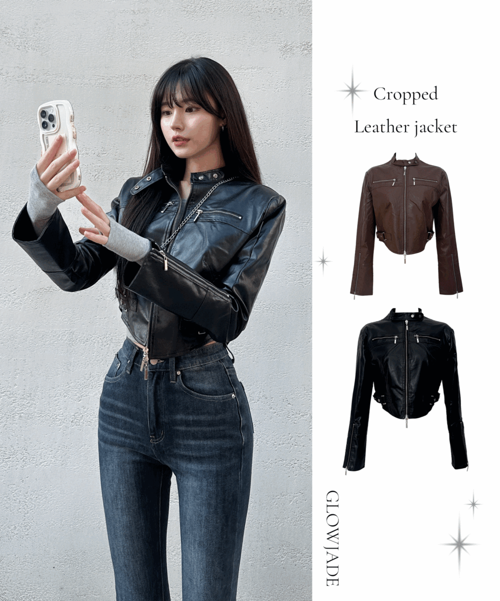 노카라 슬림핏 레더 라이더 크롭 집업 자켓 -2color