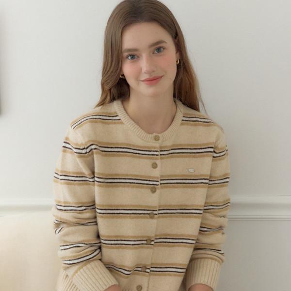 Multi-Stripe Round-Neck Cardigan - Beige