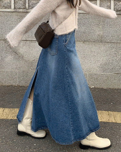 A라인 맥시 빈티지 플레어 워싱 데님 롱스커트 중청