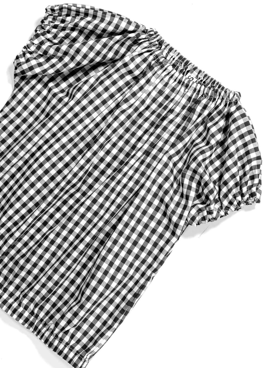 VOLUME SHIRRING CHECK TOP - BLACK CHECK