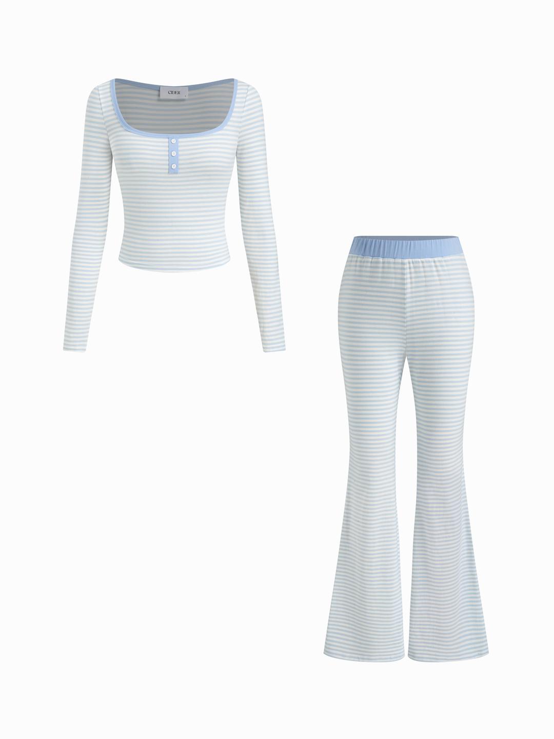 Jersey Striped Square Neck Top & Mid Rise Flared Trousers Loungewear Set