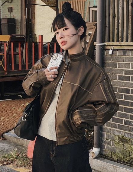 빈블 델슈워싱레더크롭자켓