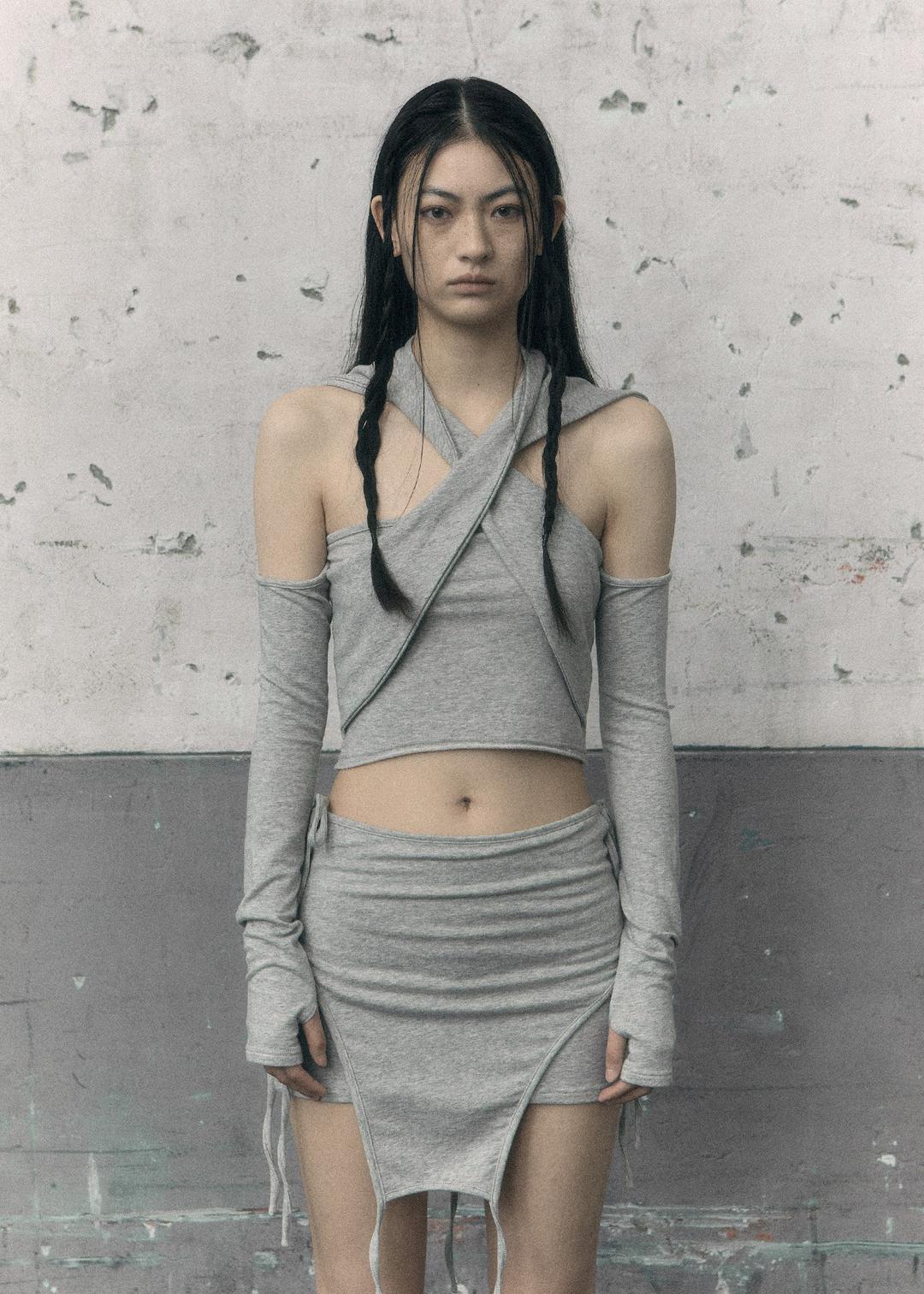 OFF SHOULDER CROSS HOODIE, MELANGE GRAY