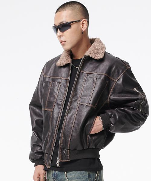 [2COLORS] 빈티지 워싱 레더 무스탕 자켓