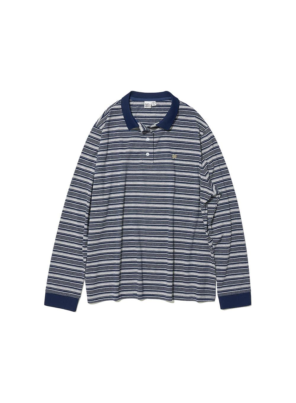 [WOMEN] STRIPE LONG SLEEVE POLO TEE_NAVY