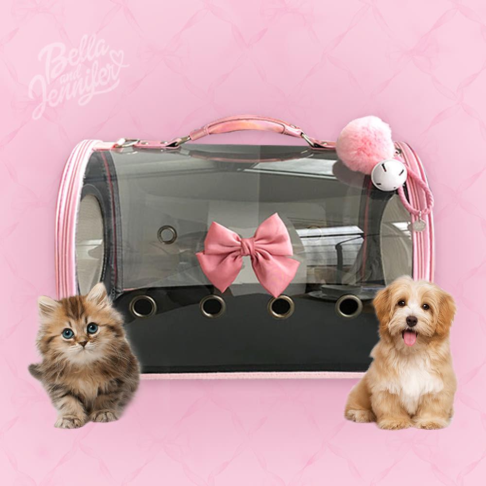 핑크 리본 반려동물 이동가방 발레코어 투명 키치 강아지 고양이 이동장 캐리어 케이지