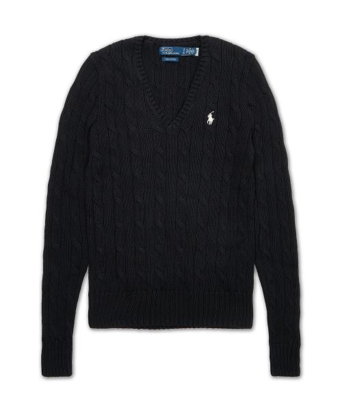 케이블 니트 코튼 브이넥 스웨터-블랙