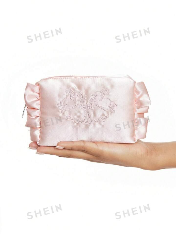 ROMWE Kawaii Design: 336027 Rabbit Bowknot Pen Bag Simple Portable Large-Capacity Storage Bag Cosmetic Bag Three-In-One Commuting Toiletry Bag For Business Trip Travel