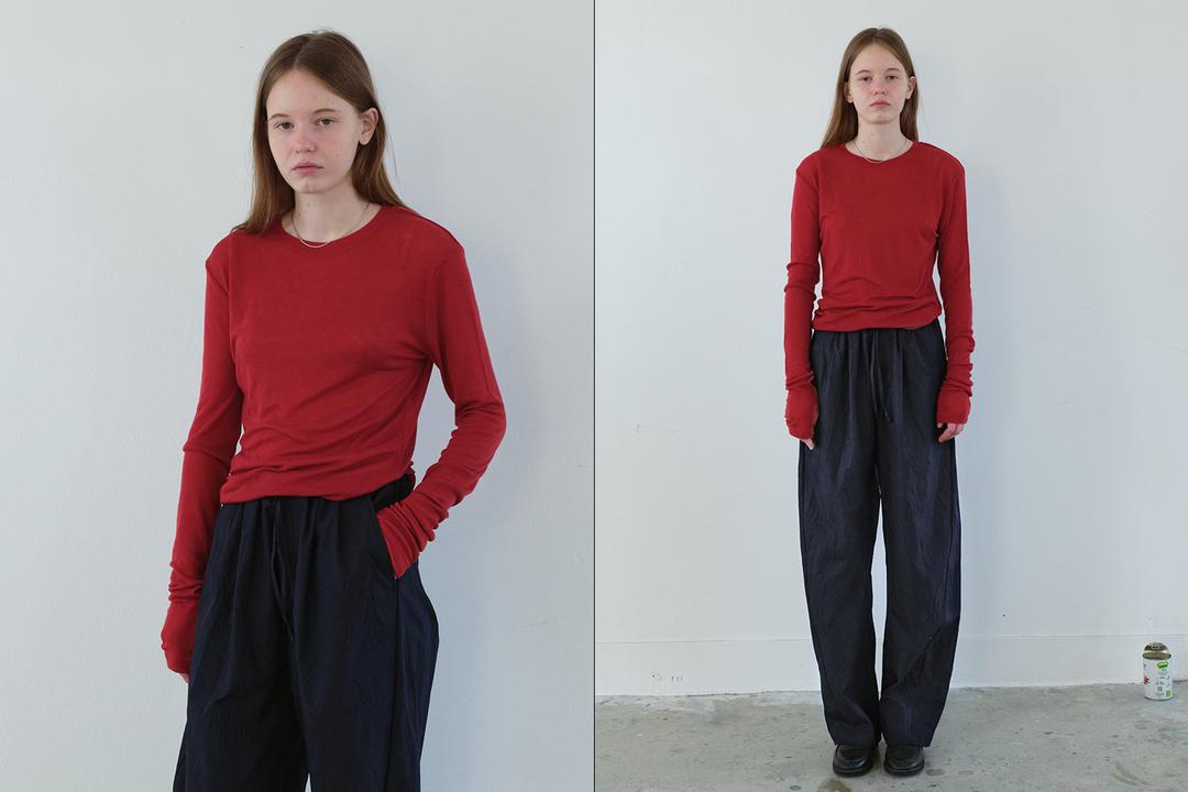 Layered round long sleeve t-shirt (red)