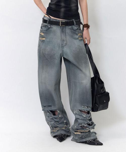 Destroyed Vintage Oil Washing Denim Pants