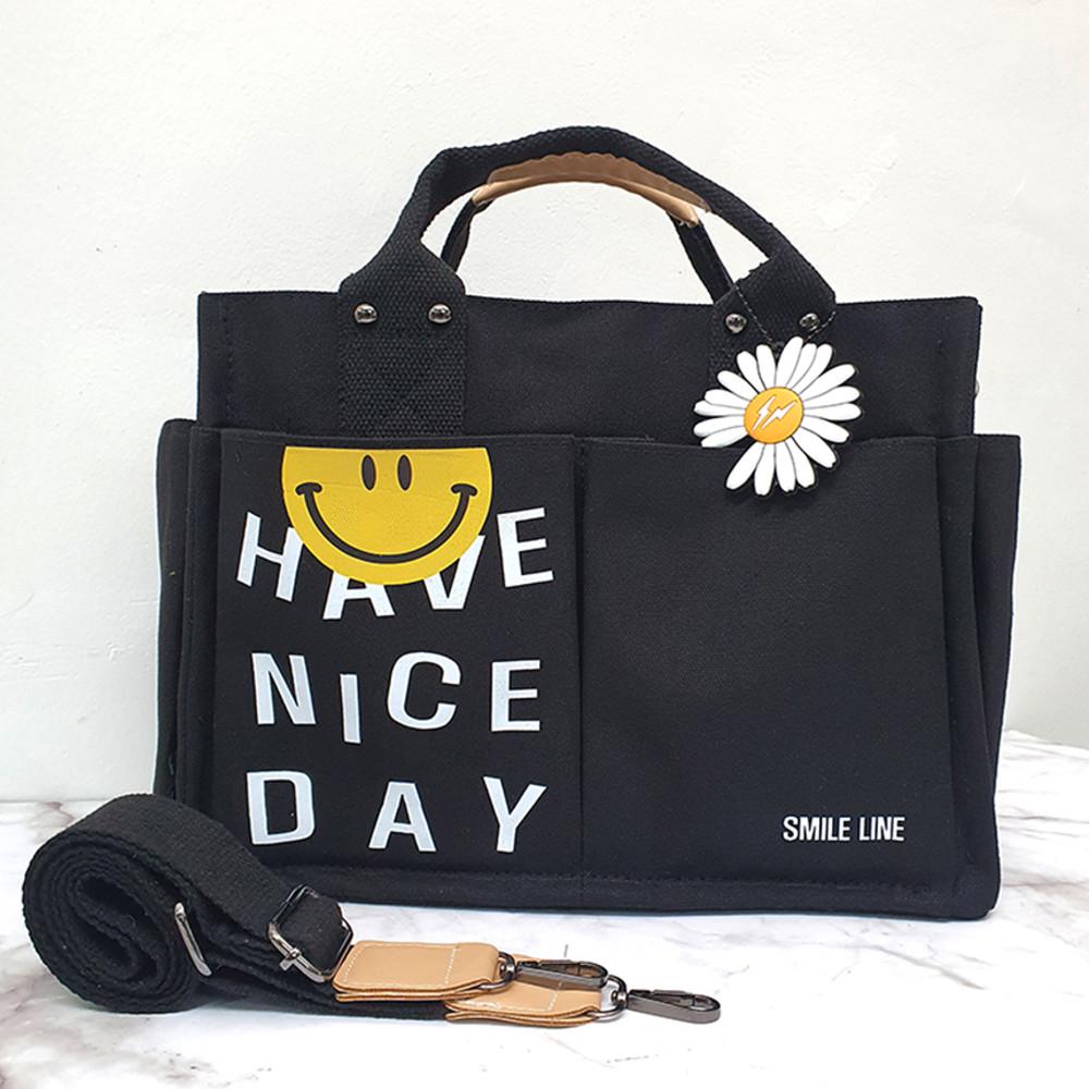 언즈 스마일 숄더백 에코백 캔버스백 피크닉 학생 토트백 미니 가방