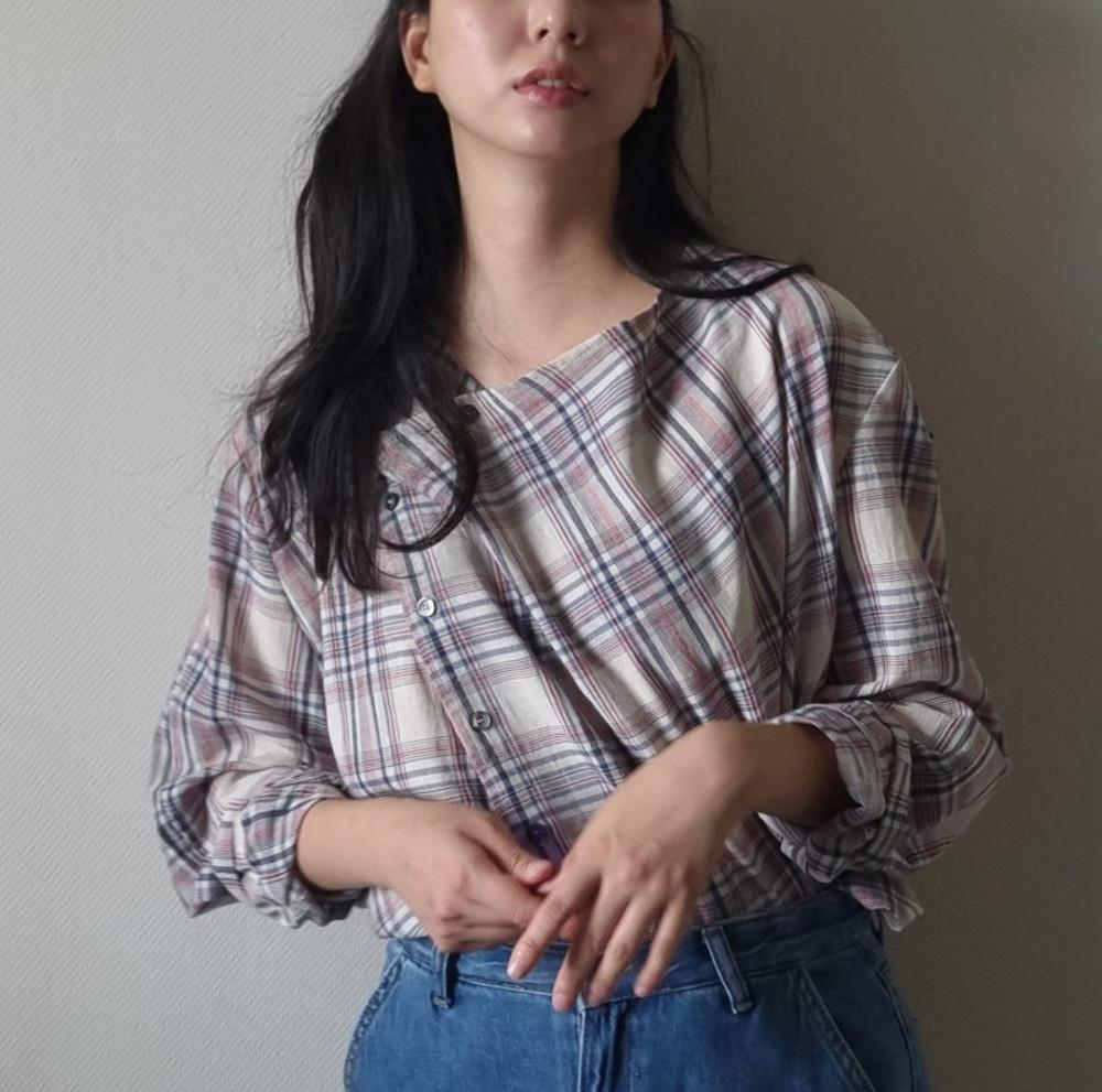 배송지연 가을 드레이프 루즈핏 레드 여성 체크 셔츠