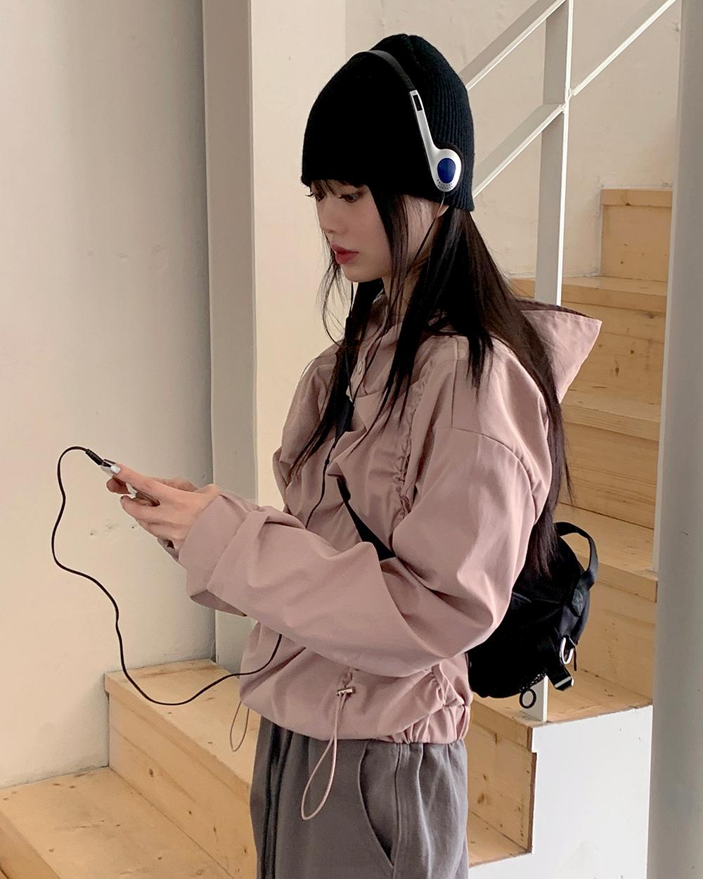 원더원더 [2천장 판매] 피블 셔링 스트링 바람막이 긴팔 후드 티셔츠