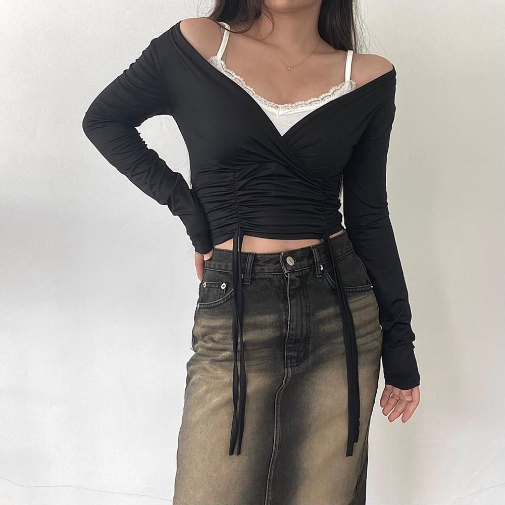 여성 세미크롭 랩 셔링 브이넥 여리여리 발레코어 긴팔 티셔츠