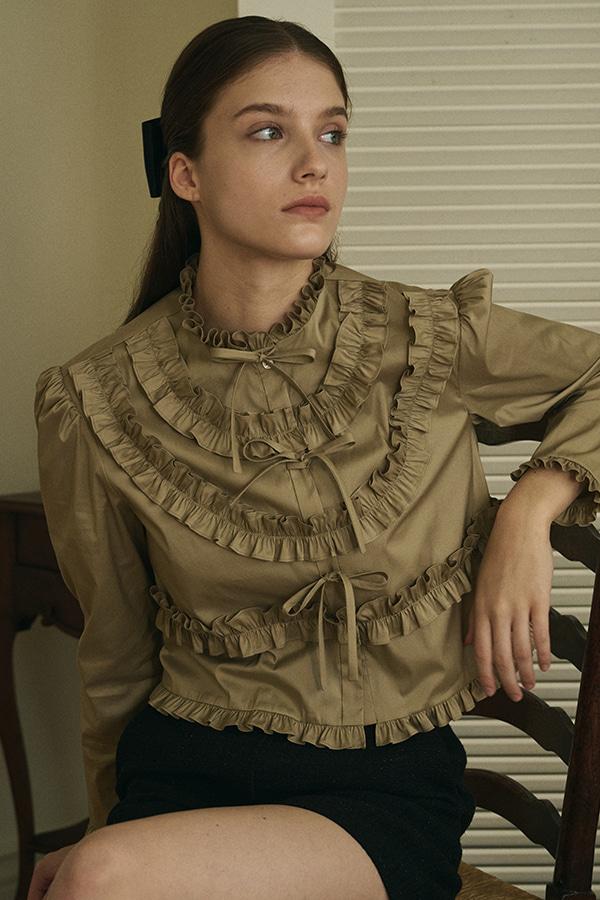 TAV Signature Frill Ribbon Blouse - Khaki Beige