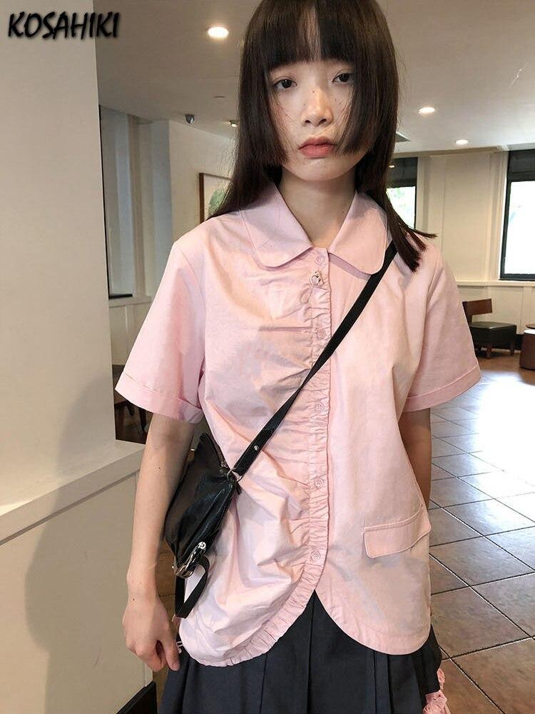 KOSAHIKI 여성용 비대칭 블라우스, 일본 하라주쿠 패션, 카와이 상의, 여성 캐주얼 스위트 Y2k 빈티지 셔츠, 여름