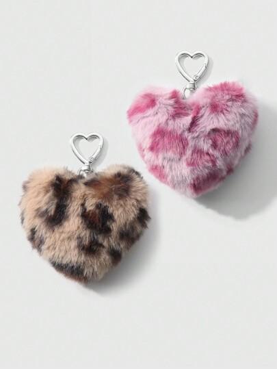 ROMWE Kawaii 2개/세트 시크 표범무늬 & 하트 모양 인조 모피 키체인, 부부, 자매들의 일상적인 착용에 적합한 패셔너블한 액세서리, 휴가 선물