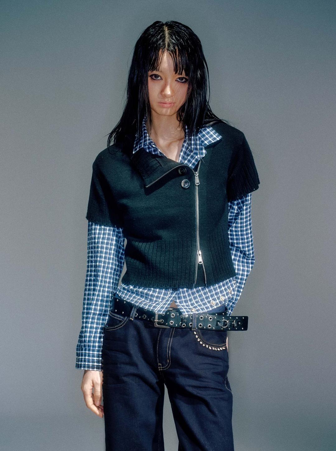 HITA SHORT-SLEEVE KNIT ZIP-UP BLACK