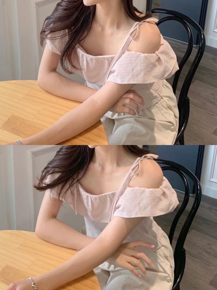 로블리 리본 끈 오프숄더 프릴 블라우스 -3color