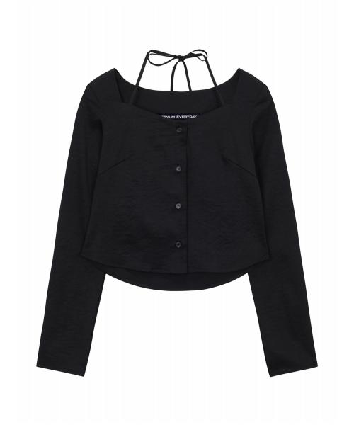 홀터넥 버튼 크롭 긴팔 여성 블라우스 (EA3BA026D)