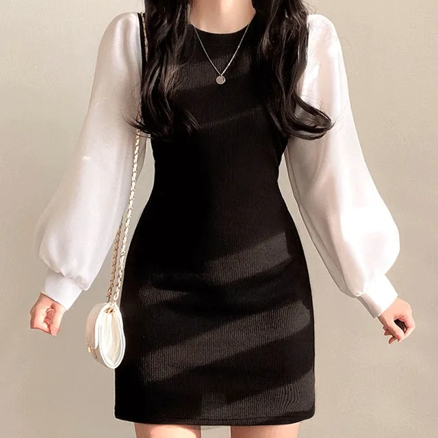 [데이트룩 강추!] 모모 배색 백리본 긴팔 니트 미니 원피스 3color