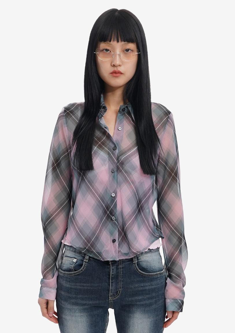 레트로 체크 시어 셔츠 (핑크)