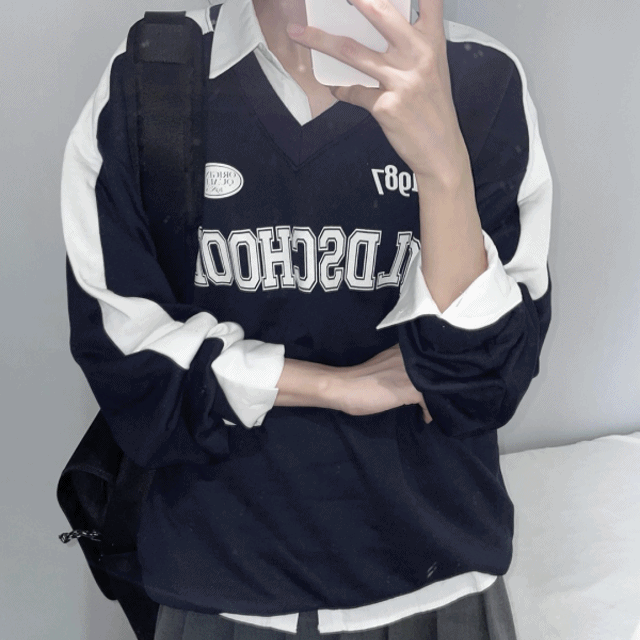 [unisex] 올스 라인 빈티지 브이넥 맨투맨 (3color)