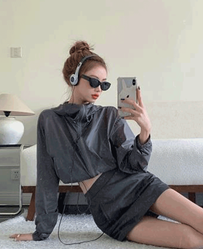 오호 크롭 바람막이 후드집업 윈드브레이커 스트릿 운동복 츄리닝 트레이닝복 코디세트